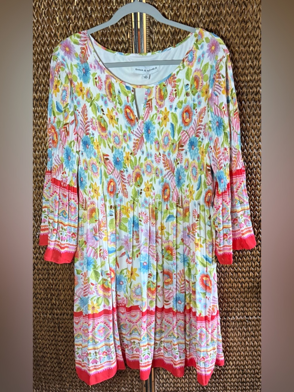 Emma & Michelle Multicolor Floral Pleated Dress with 3/4in. Bell Sleeves